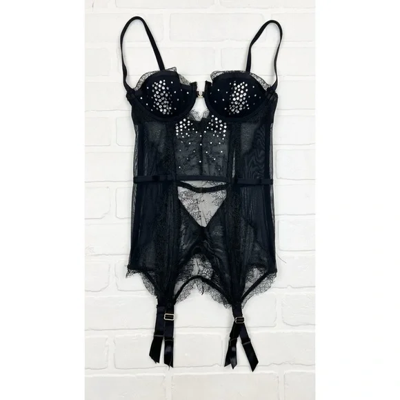 Victorias Secret Black Lacy Rhinestone Embellished Bustier Lingerie Size 34A - Picture 1 of 6